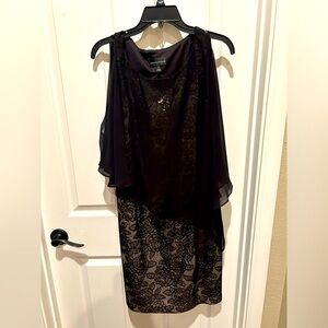 Elegant two tiered cocktail dress with gold embellished shift and sheer cape